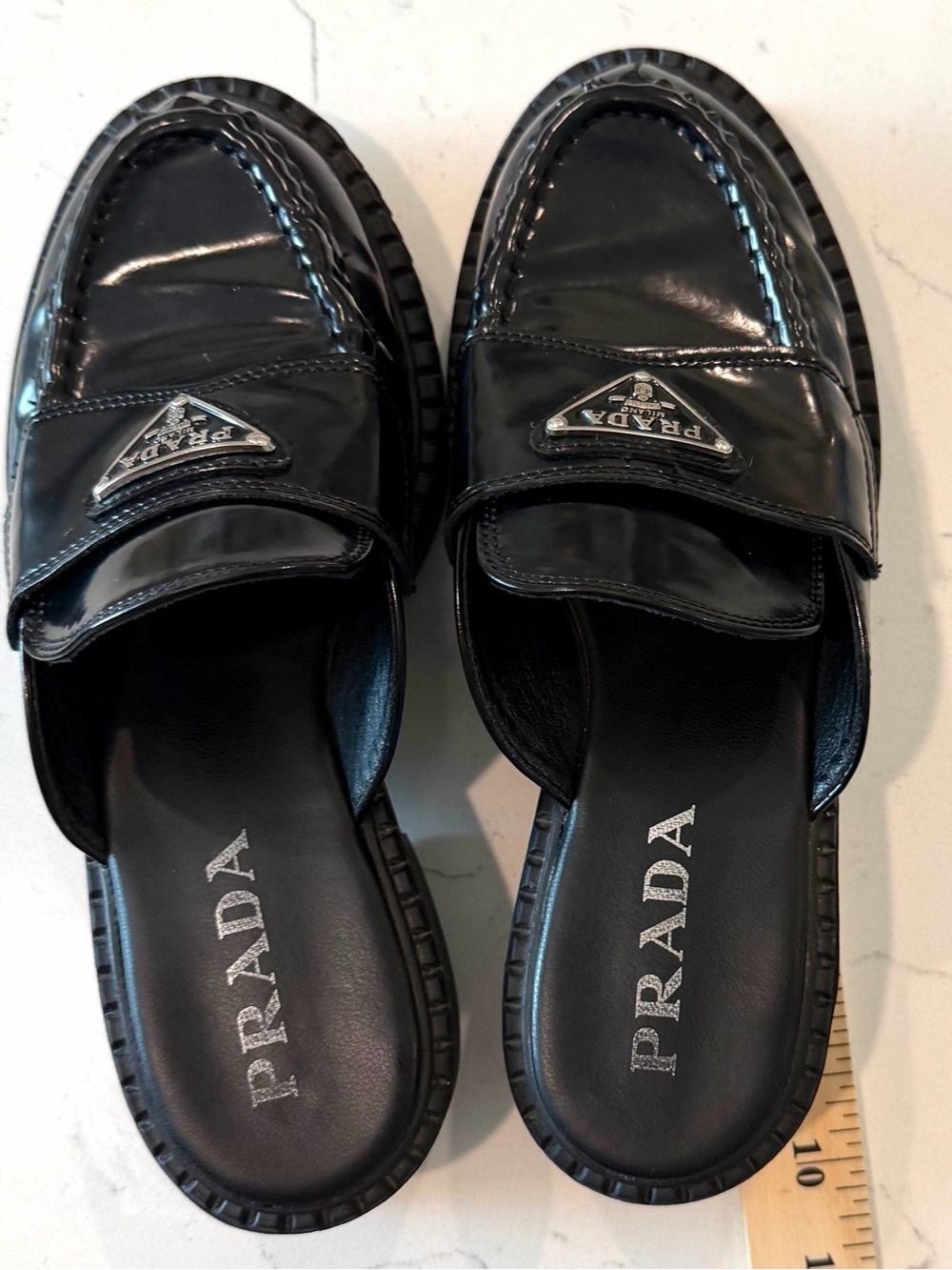 Prada Black Patent Leather Slip-On classic prada logo slides mules - Picture 11 of 12